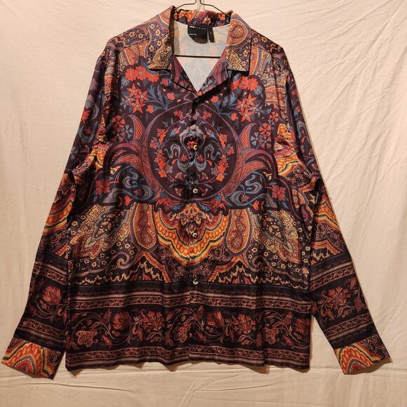 ASOS Mens Medium Relaxed Satin Shirt Brown Orange Paisley Avant Garde Maximalist - Picture 2 of 8